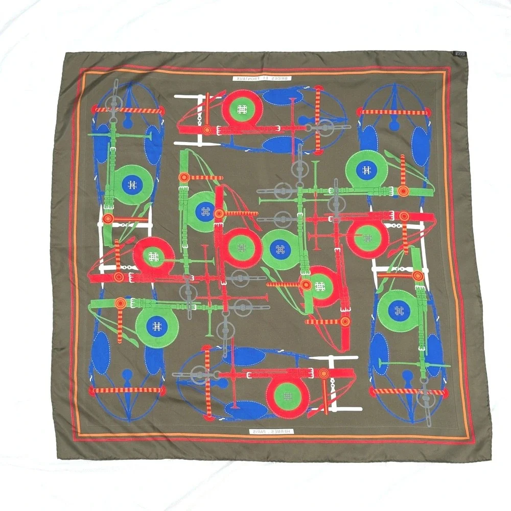 Hermes Brides et Frontaux Silk Scarf Women 90cm Green Excellent Equestrian Print